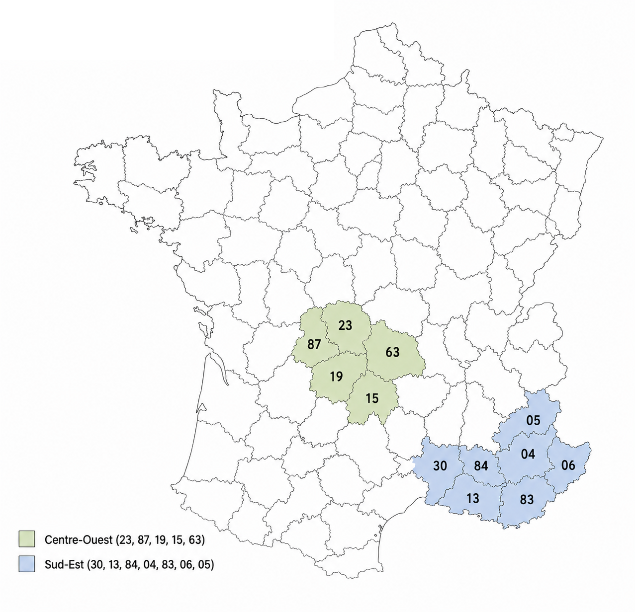 Carte de France métropolitaine mettant en évidence les départements 15, 19, 23, 63 et 87 en Centre-Ouest, ainsi que 04, 05, 06, 13, 30, 83 et 84 dans le Sud-Est.